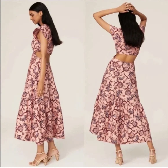 A.L.C. Alexandria Cotton Dress Salmon Red Floral Carlinal Print in Size 6 - Picture 5 of 13